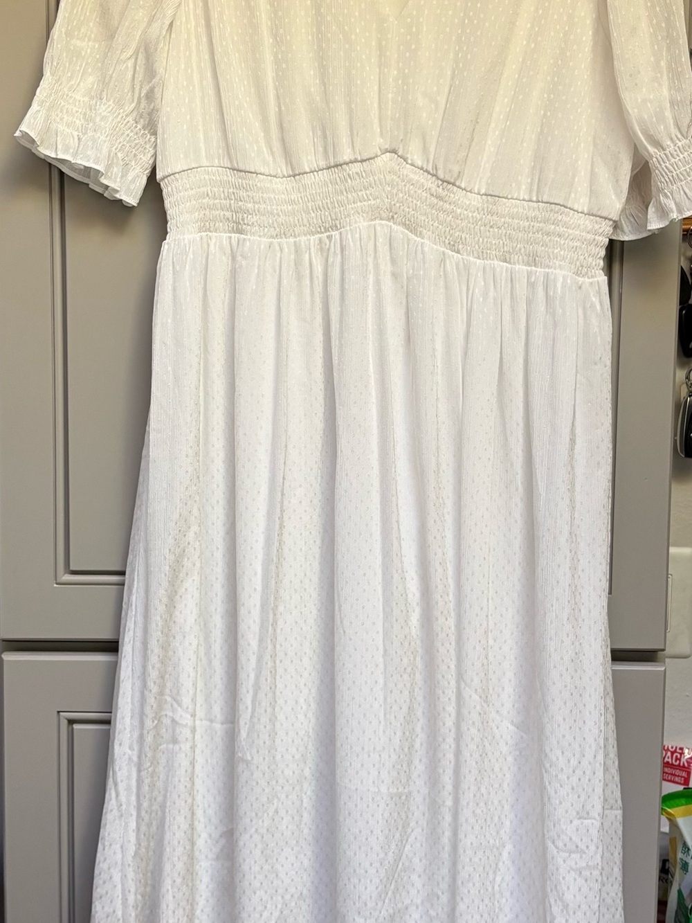 Dkny White Dot-Textured Smocked Waist Dress